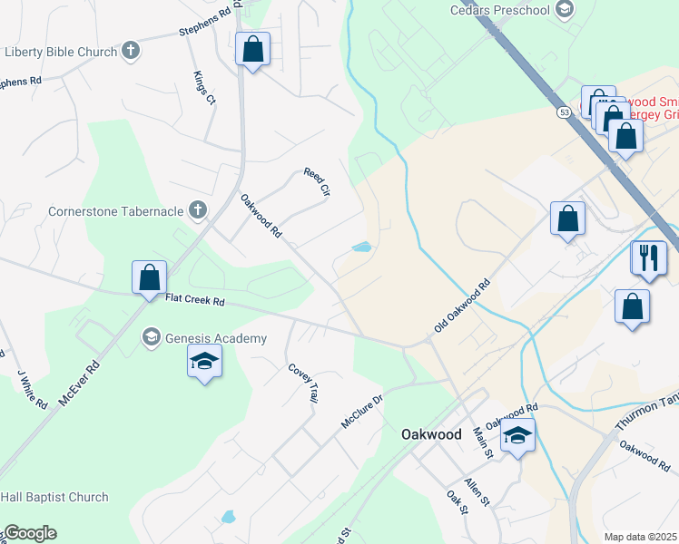 map of restaurants, bars, coffee shops, grocery stores, and more near 4141 Oakwood Terrace Court in Oakwood