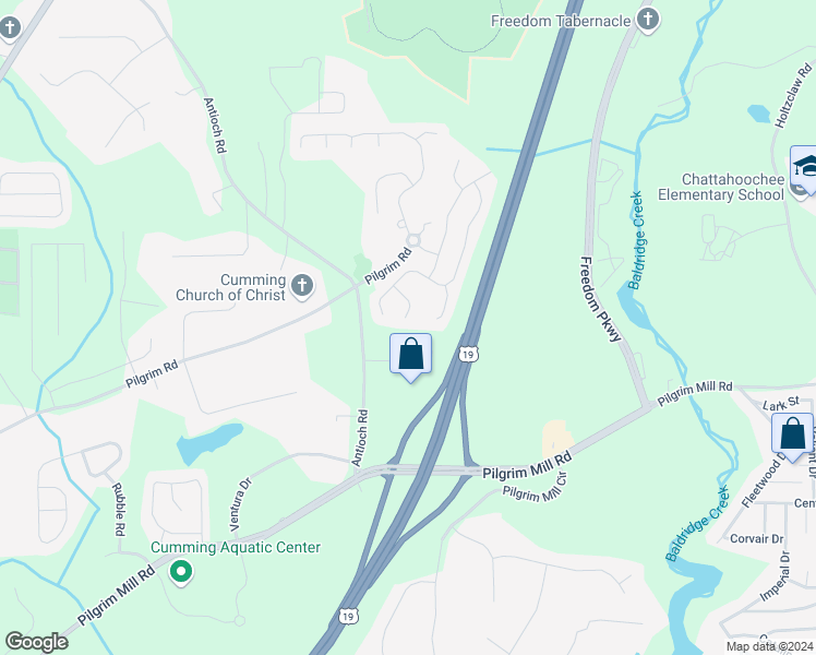 map of restaurants, bars, coffee shops, grocery stores, and more near 2525 Sheldon Place in Cumming