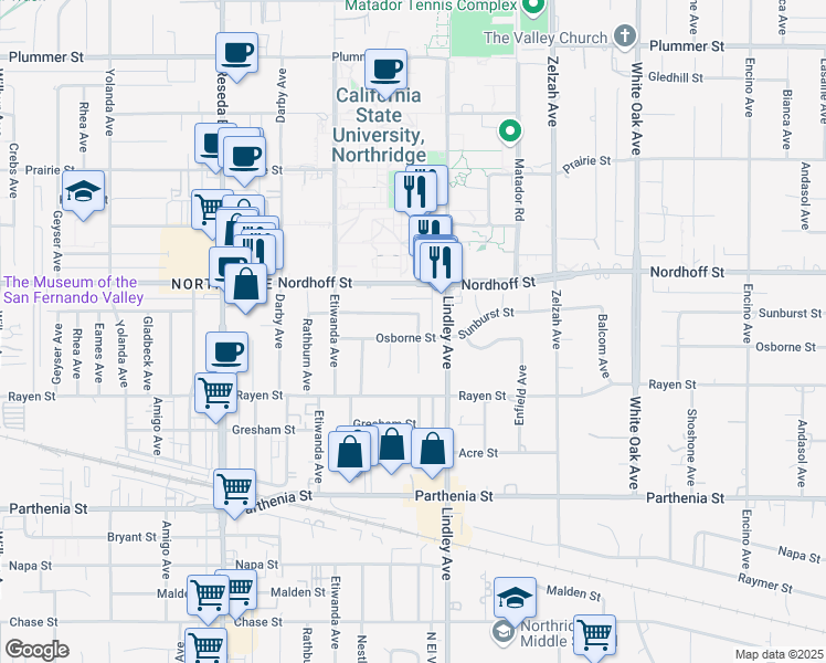map of restaurants, bars, coffee shops, grocery stores, and more near 18133 Osborne Street in Los Angeles