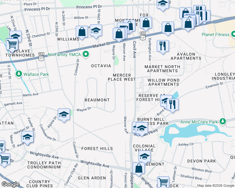 map of restaurants, bars, coffee shops, grocery stores, and more near 317 Wayne Drive in Wilmington