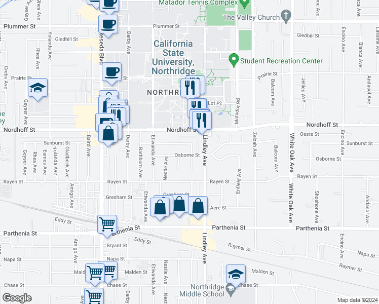 map of restaurants, bars, coffee shops, grocery stores, and more near 18133 Osborne Street in Los Angeles