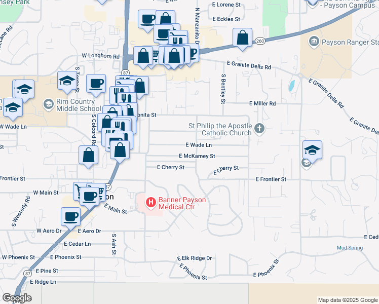 map of restaurants, bars, coffee shops, grocery stores, and more near 403 East Wade Lane in Payson