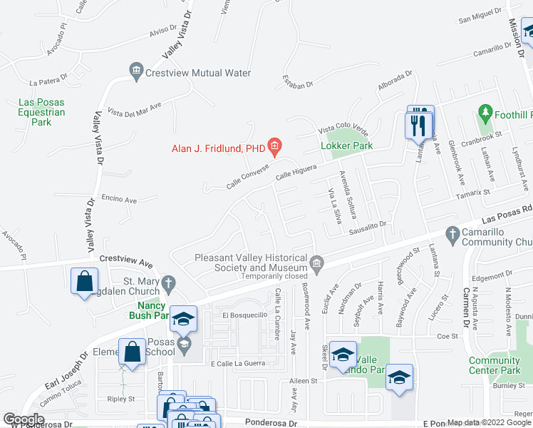 map of restaurants, bars, coffee shops, grocery stores, and more near 1442 North Calle La Cumbre in Camarillo