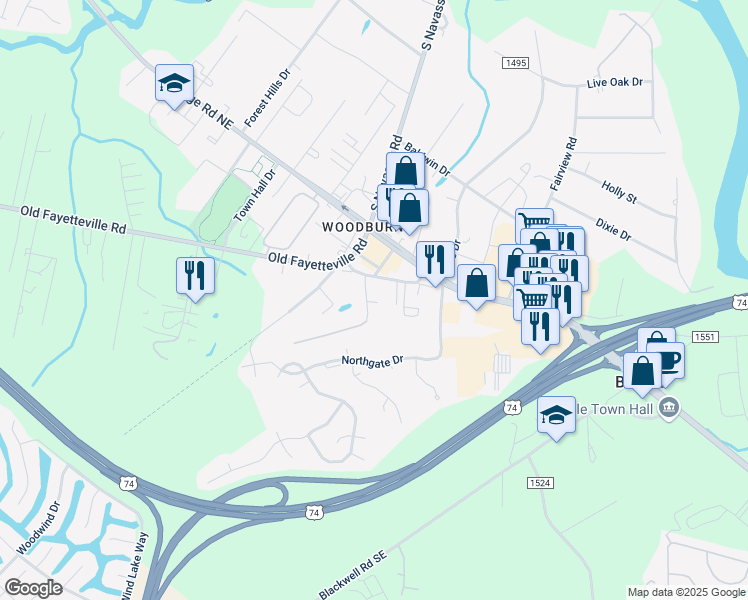 map of restaurants, bars, coffee shops, grocery stores, and more near 1-199 Manchester Ln in Leland