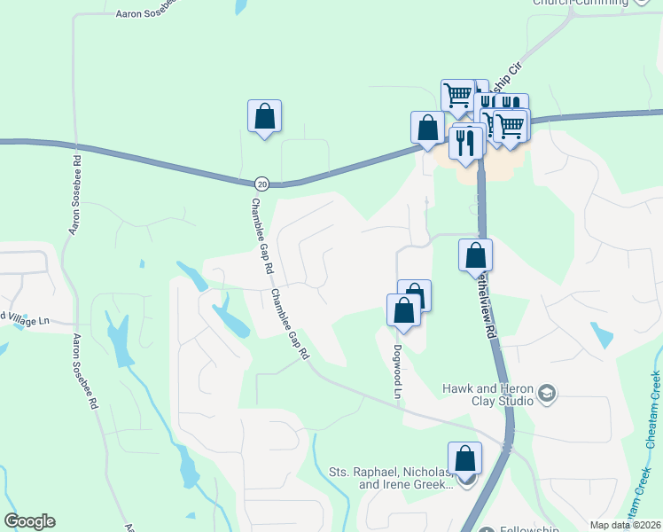 map of restaurants, bars, coffee shops, grocery stores, and more near 3795 Westhaven Drive in Cumming