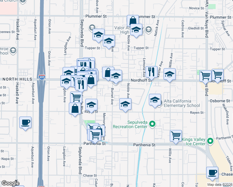 map of restaurants, bars, coffee shops, grocery stores, and more near 9014 Burnet Avenue in Los Angeles