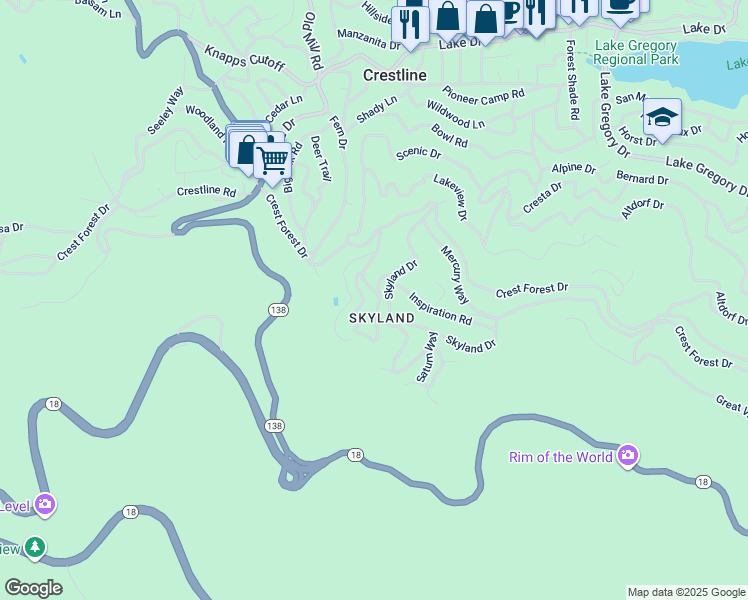 map of restaurants, bars, coffee shops, grocery stores, and more near 1050 Jupiter Lane in Crestline