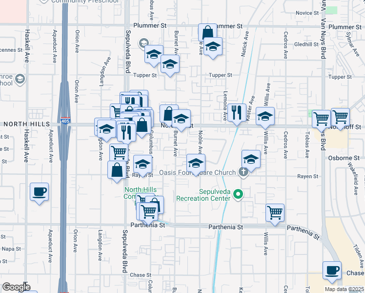 map of restaurants, bars, coffee shops, grocery stores, and more near 9014 Burnet Avenue in Los Angeles