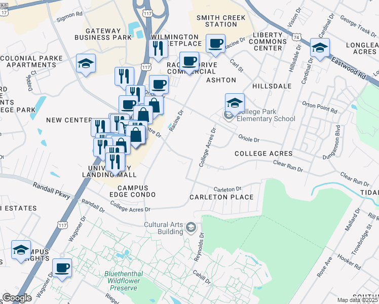 map of restaurants, bars, coffee shops, grocery stores, and more near 5359 New Centre Drive in Wilmington