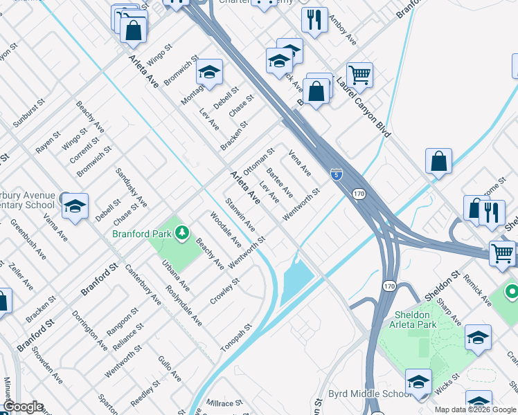 map of restaurants, bars, coffee shops, grocery stores, and more near 13080 Rangoon Street in Los Angeles