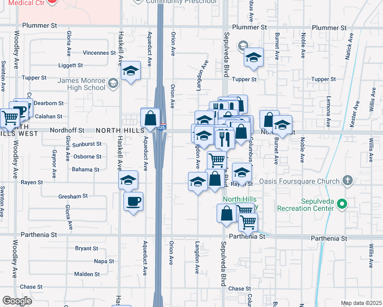map of restaurants, bars, coffee shops, grocery stores, and more near 9047 Langdon Avenue in Los Angeles