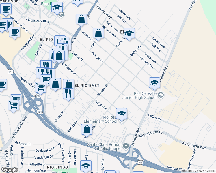 map of restaurants, bars, coffee shops, grocery stores, and more near 703 East Collins Street in Oxnard
