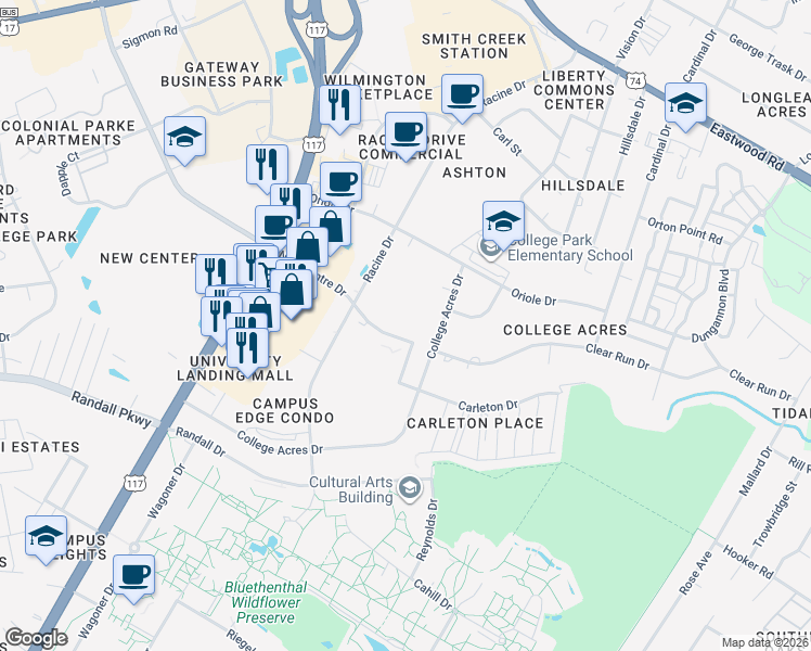 map of restaurants, bars, coffee shops, grocery stores, and more near 5359 New Centre Drive in Wilmington