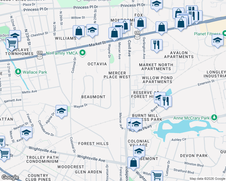 map of restaurants, bars, coffee shops, grocery stores, and more near 317 Wayne Drive in Wilmington
