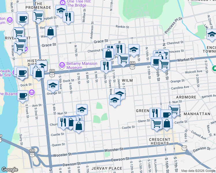 map of restaurants, bars, coffee shops, grocery stores, and more near 116 South 11th Street in Wilmington