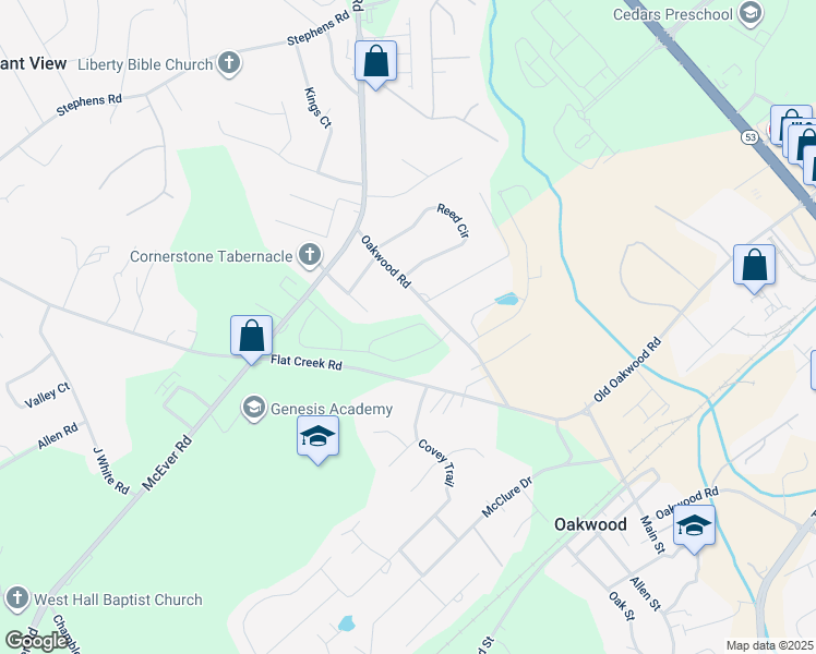 map of restaurants, bars, coffee shops, grocery stores, and more near 5348 Fox Hill Lane in Oakwood