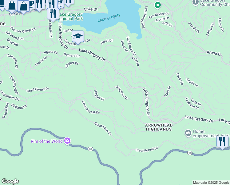 map of restaurants, bars, coffee shops, grocery stores, and more near Lausanne Drive in Crestline