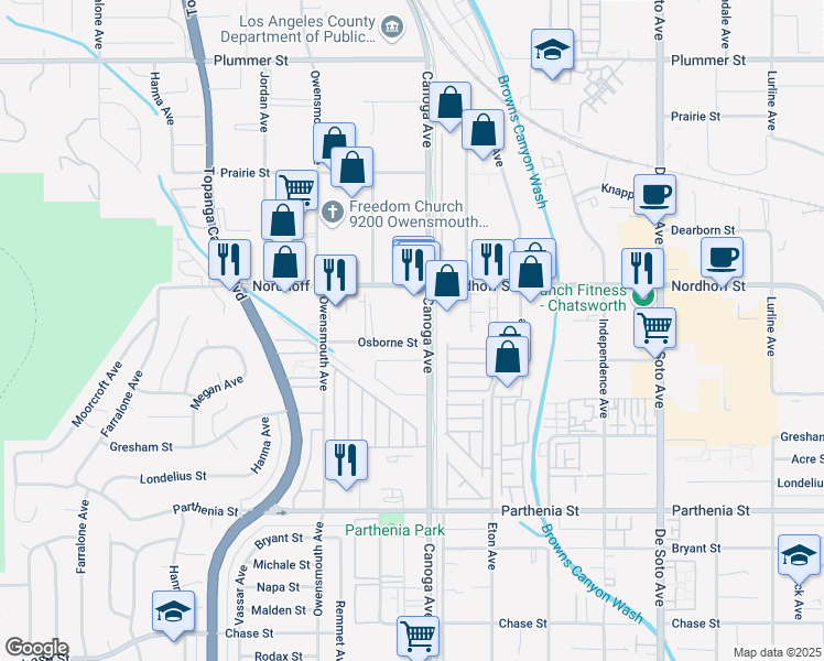 map of restaurants, bars, coffee shops, grocery stores, and more near 21408 Nordhoff Street in Los Angeles