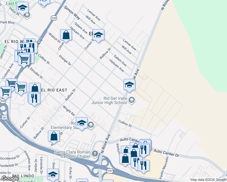 map of restaurants, bars, coffee shops, grocery stores, and more near 1034 Walnut Drive in Oxnard
