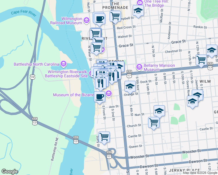 map of restaurants, bars, coffee shops, grocery stores, and more near in Wilmington