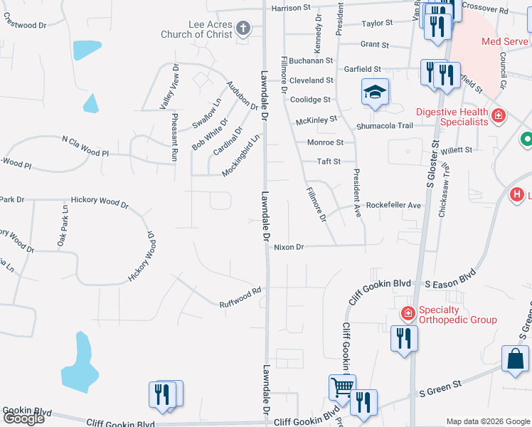 map of restaurants, bars, coffee shops, grocery stores, and more near 2052-2298 Lawndale Drive in Tupelo