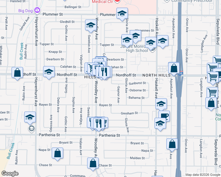 map of restaurants, bars, coffee shops, grocery stores, and more near 16103 Osborne Street in Los Angeles