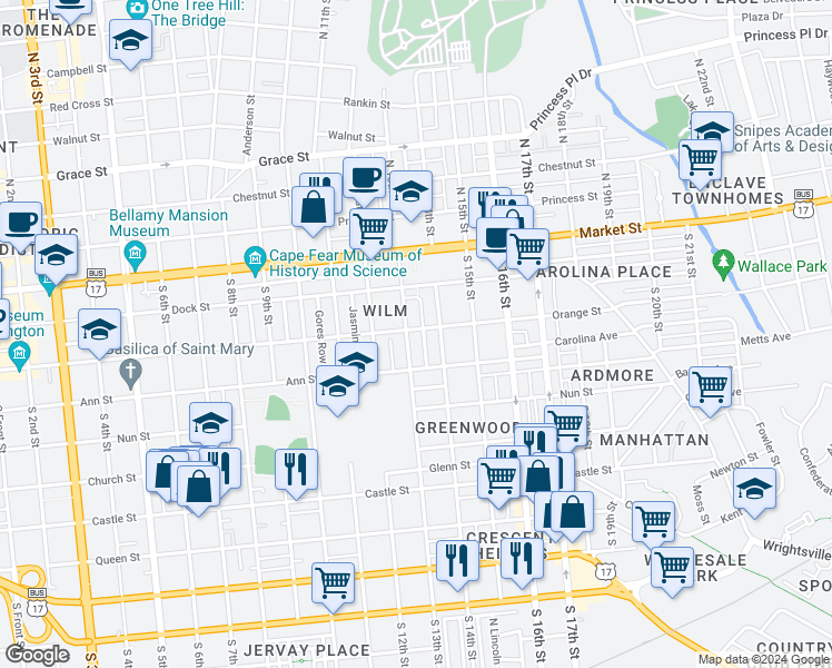 map of restaurants, bars, coffee shops, grocery stores, and more near 201 South 13th Street in Wilmington