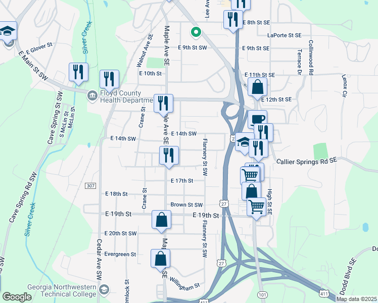 map of restaurants, bars, coffee shops, grocery stores, and more near 306 East 15th Street Southwest in Rome
