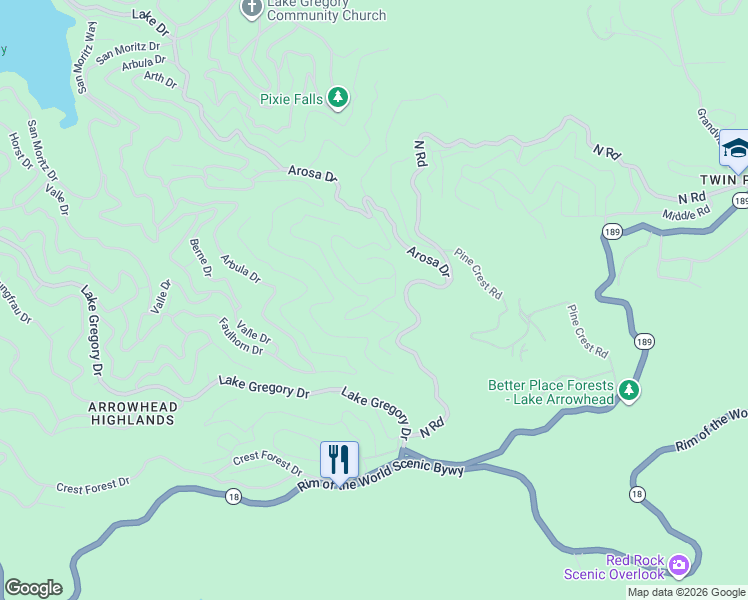 map of restaurants, bars, coffee shops, grocery stores, and more near Calanda Drive in Crestline