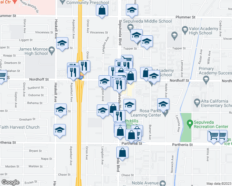 map of restaurants, bars, coffee shops, grocery stores, and more near 8774 Sepulveda Boulevard in Los Angeles