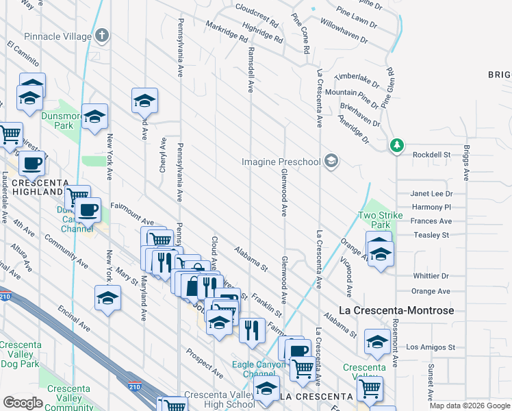 map of restaurants, bars, coffee shops, grocery stores, and more near 2959 Santa Carlotta Street in La Crescenta-Montrose
