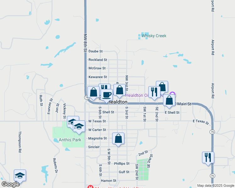 map of restaurants, bars, coffee shops, grocery stores, and more near in Healdton
