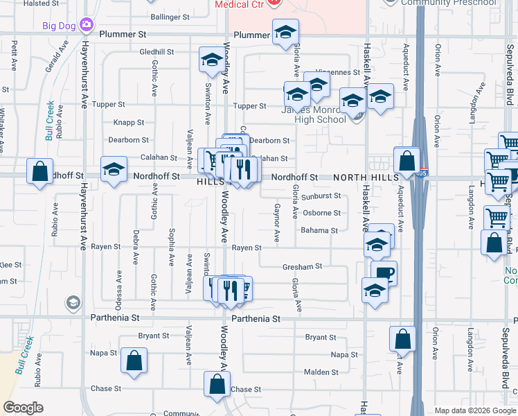 map of restaurants, bars, coffee shops, grocery stores, and more near 16103 Osborne Street in Los Angeles