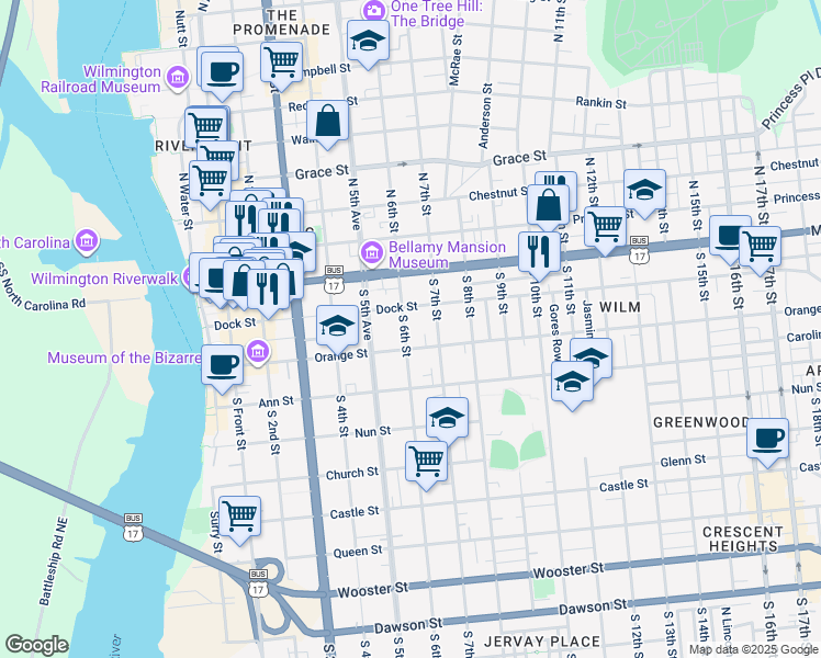map of restaurants, bars, coffee shops, grocery stores, and more near 115 South 6th Street in Wilmington