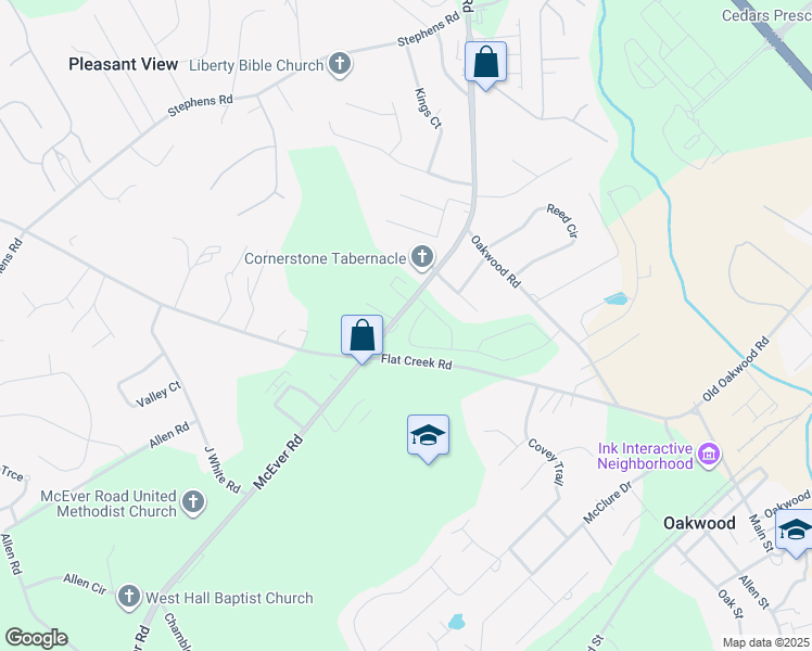 map of restaurants, bars, coffee shops, grocery stores, and more near 5025 McEver Road in Oakwood