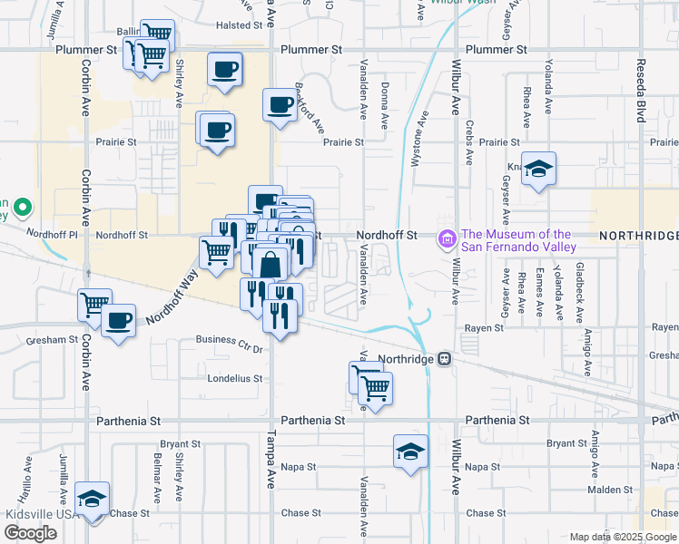 map of restaurants, bars, coffee shops, grocery stores, and more near 19130 Nordhoff Street in Los Angeles