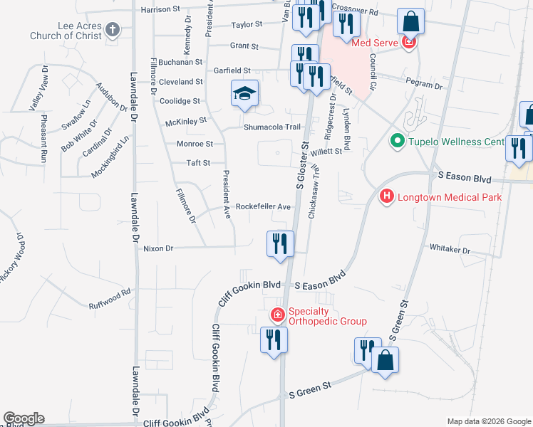 map of restaurants, bars, coffee shops, grocery stores, and more near 908 Rockefeller Street in Tupelo