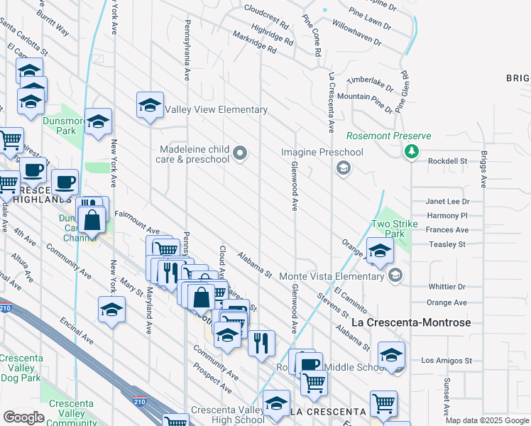 map of restaurants, bars, coffee shops, grocery stores, and more near 2959 Santa Carlotta Street in La Crescenta-Montrose