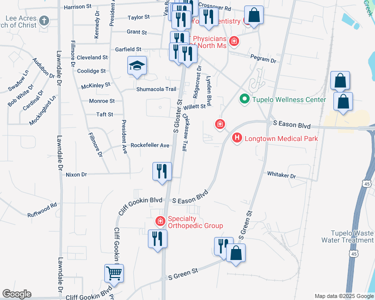 map of restaurants, bars, coffee shops, grocery stores, and more near 1002 Chickasaw Trail in Tupelo