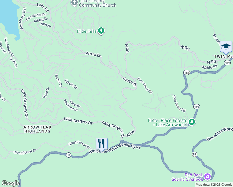 map of restaurants, bars, coffee shops, grocery stores, and more near Calanda Drive in Crestline