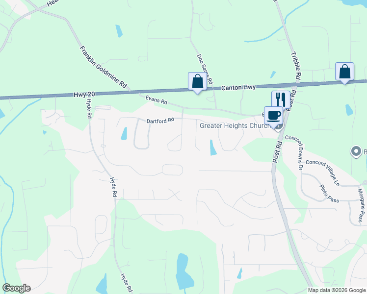 map of restaurants, bars, coffee shops, grocery stores, and more near 4305 Evans Farms Drive in Cumming