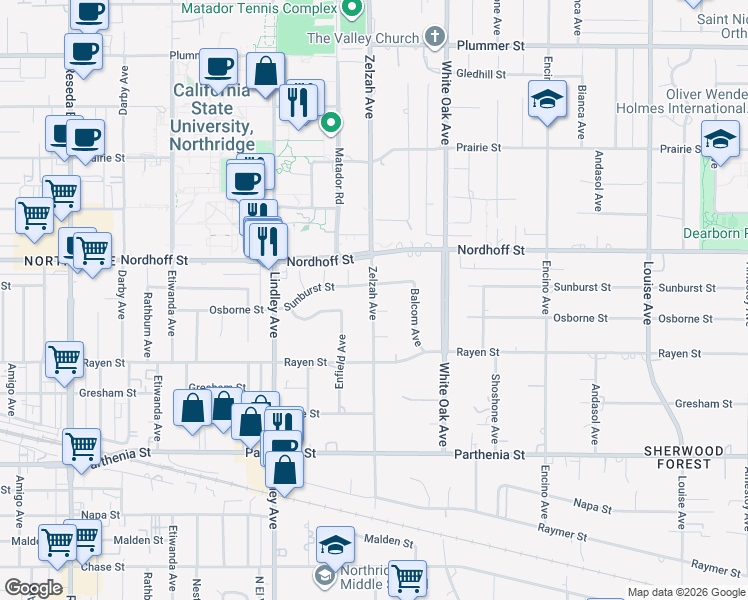 map of restaurants, bars, coffee shops, grocery stores, and more near 17834 Sunburst Street in Los Angeles