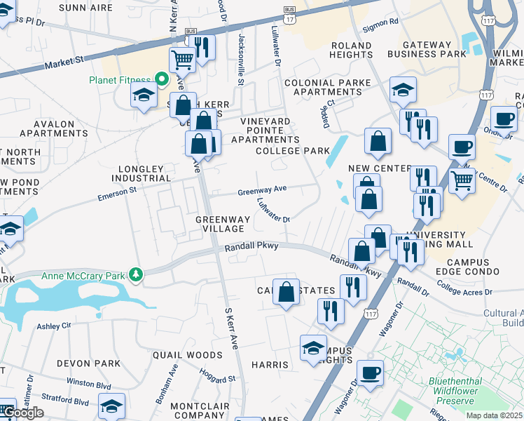 map of restaurants, bars, coffee shops, grocery stores, and more near 366 Lullwater Drive in Wilmington