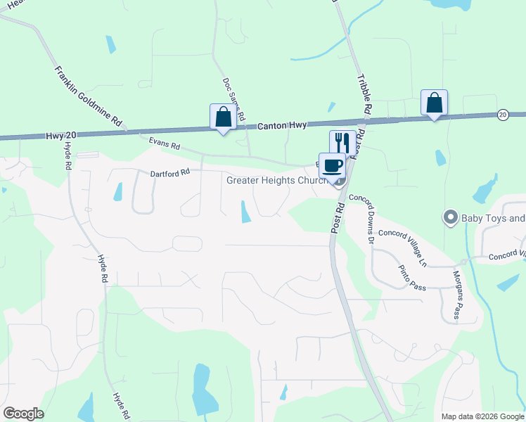 map of restaurants, bars, coffee shops, grocery stores, and more near 4650 Idlewood Drive in Cumming