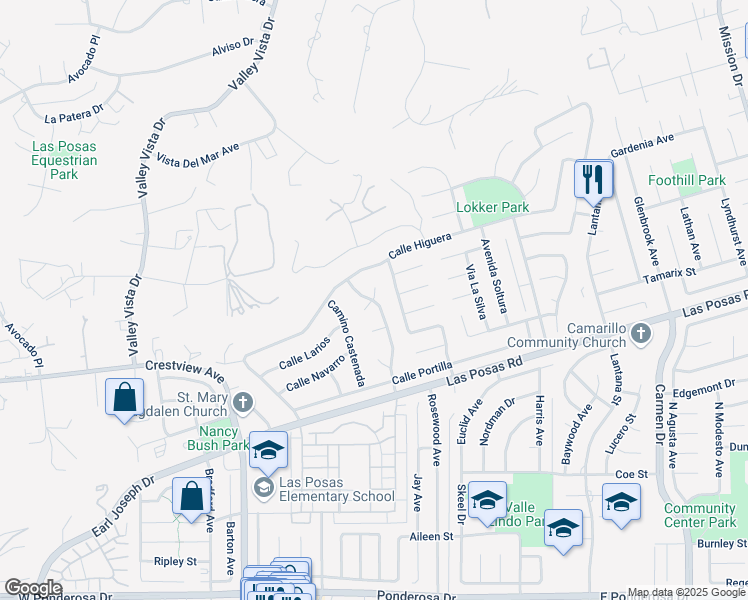 map of restaurants, bars, coffee shops, grocery stores, and more near 1596 North Calle La Cumbre in Camarillo