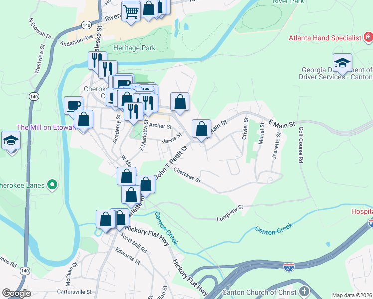 map of restaurants, bars, coffee shops, grocery stores, and more near 130 Doctor John T Pettit Street in Canton
