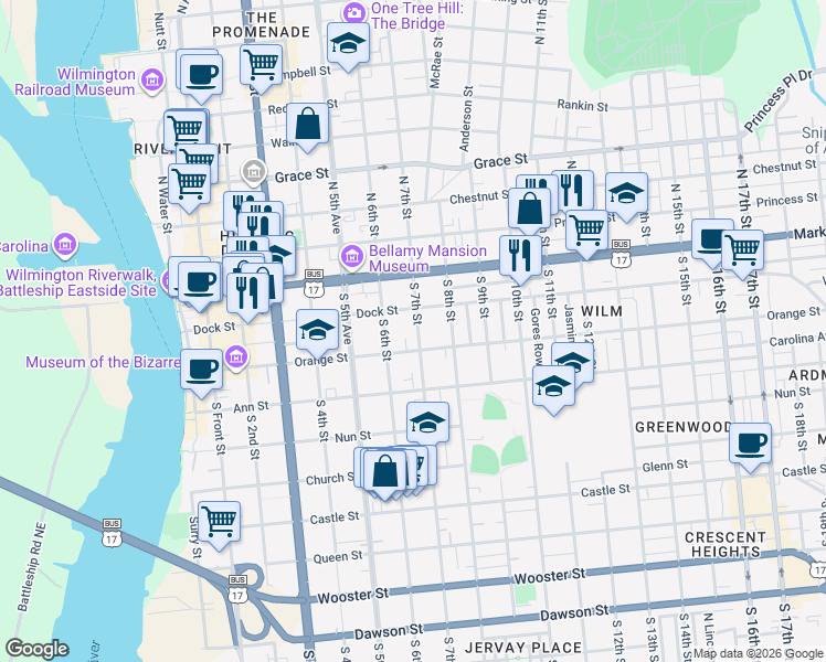 map of restaurants, bars, coffee shops, grocery stores, and more near 112 South 7th Street in Wilmington