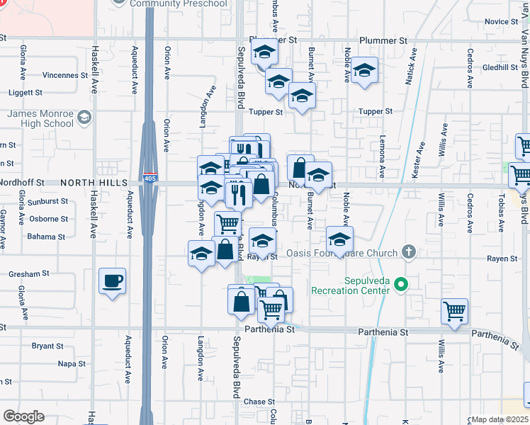map of restaurants, bars, coffee shops, grocery stores, and more near 9029 Columbus Avenue in Los Angeles