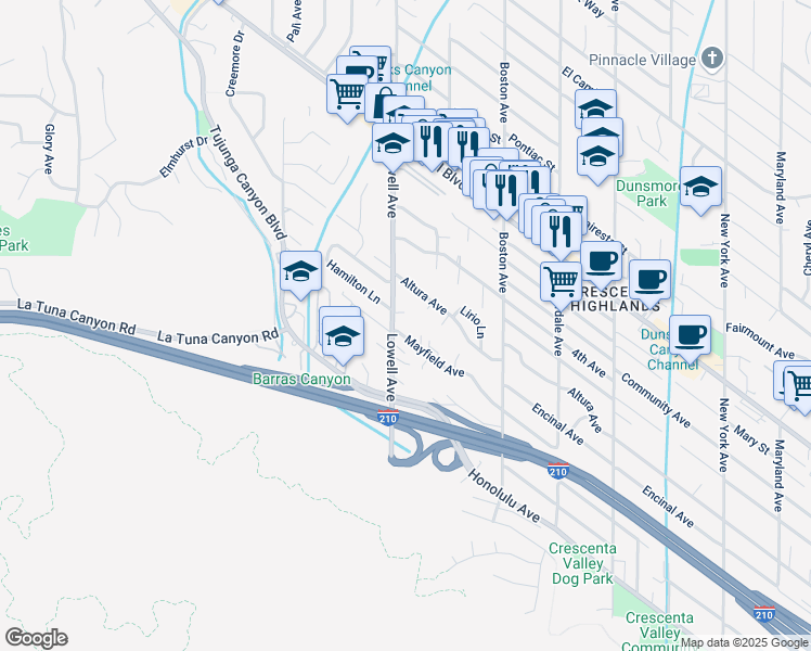 map of restaurants, bars, coffee shops, grocery stores, and more near 4206 Lowell Avenue in Glendale