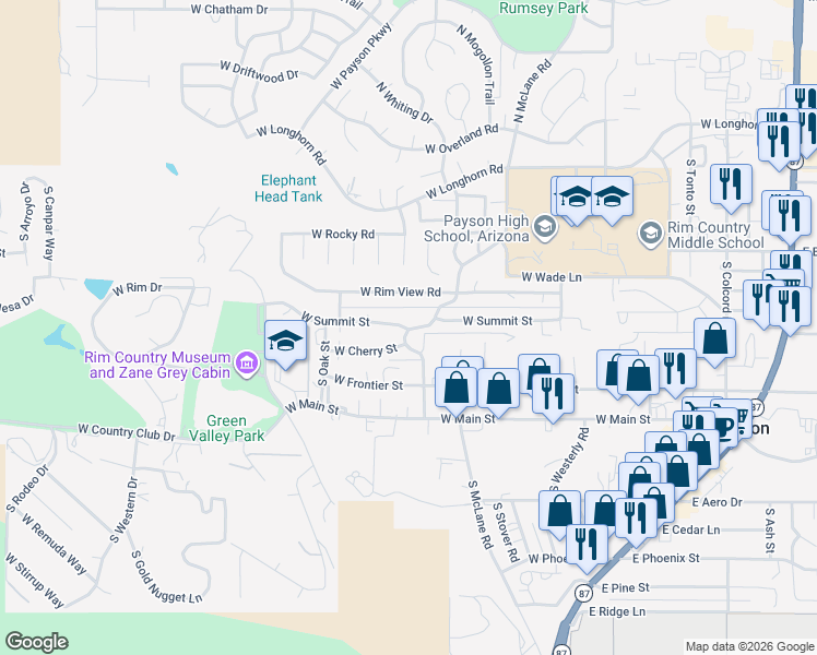 map of restaurants, bars, coffee shops, grocery stores, and more near 811 Annies Alley in Payson